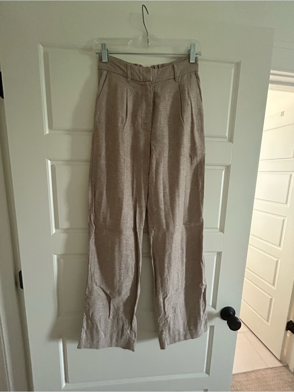 Beige High-Rise Linen Blend Wide-Leg Pants